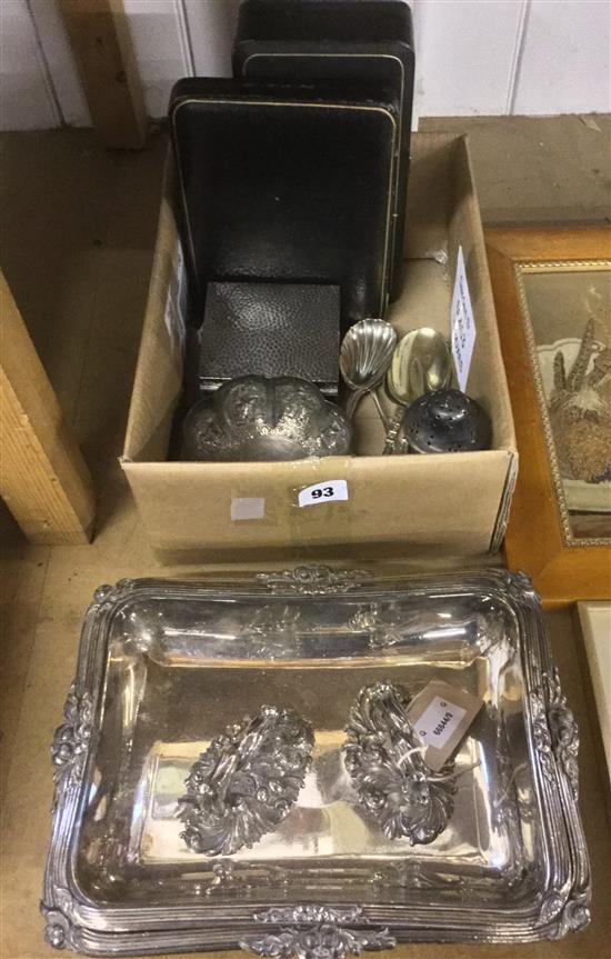 Pair of Sheffield Plate entree dishes and covers and sundry silver and plated items